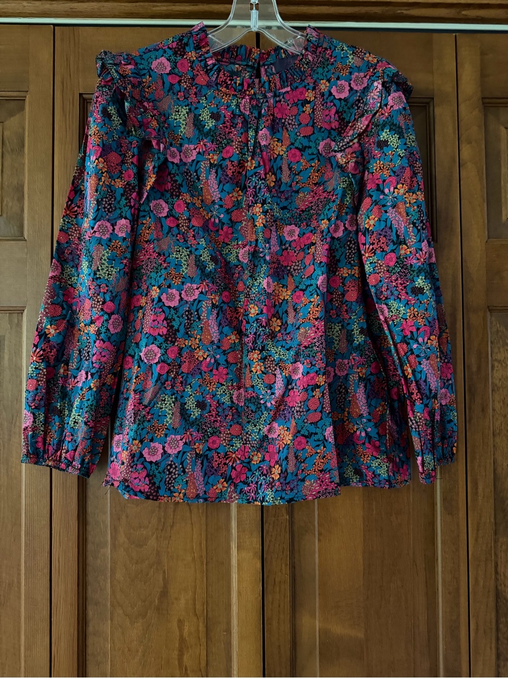 JCrew x Liberty Floral Ruffle Blouse in Teal, Pink & Orange